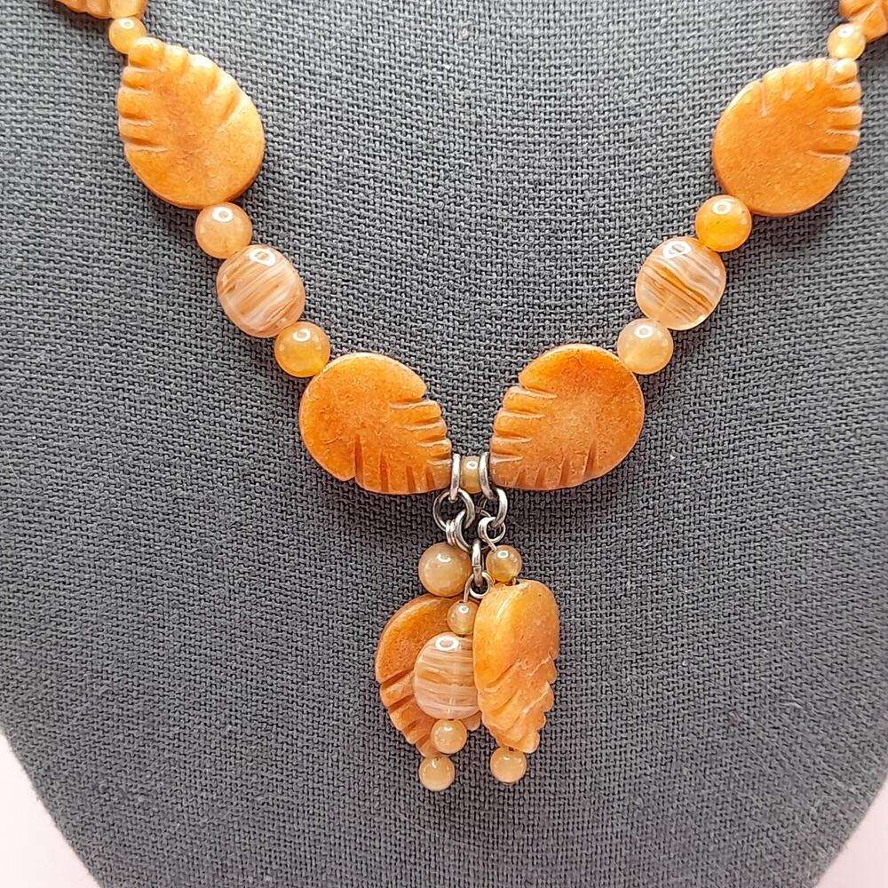 Vintage Carnelian Leaf Tassel Necklace, Gemstone Beads, Gold Tone, 27 Inch